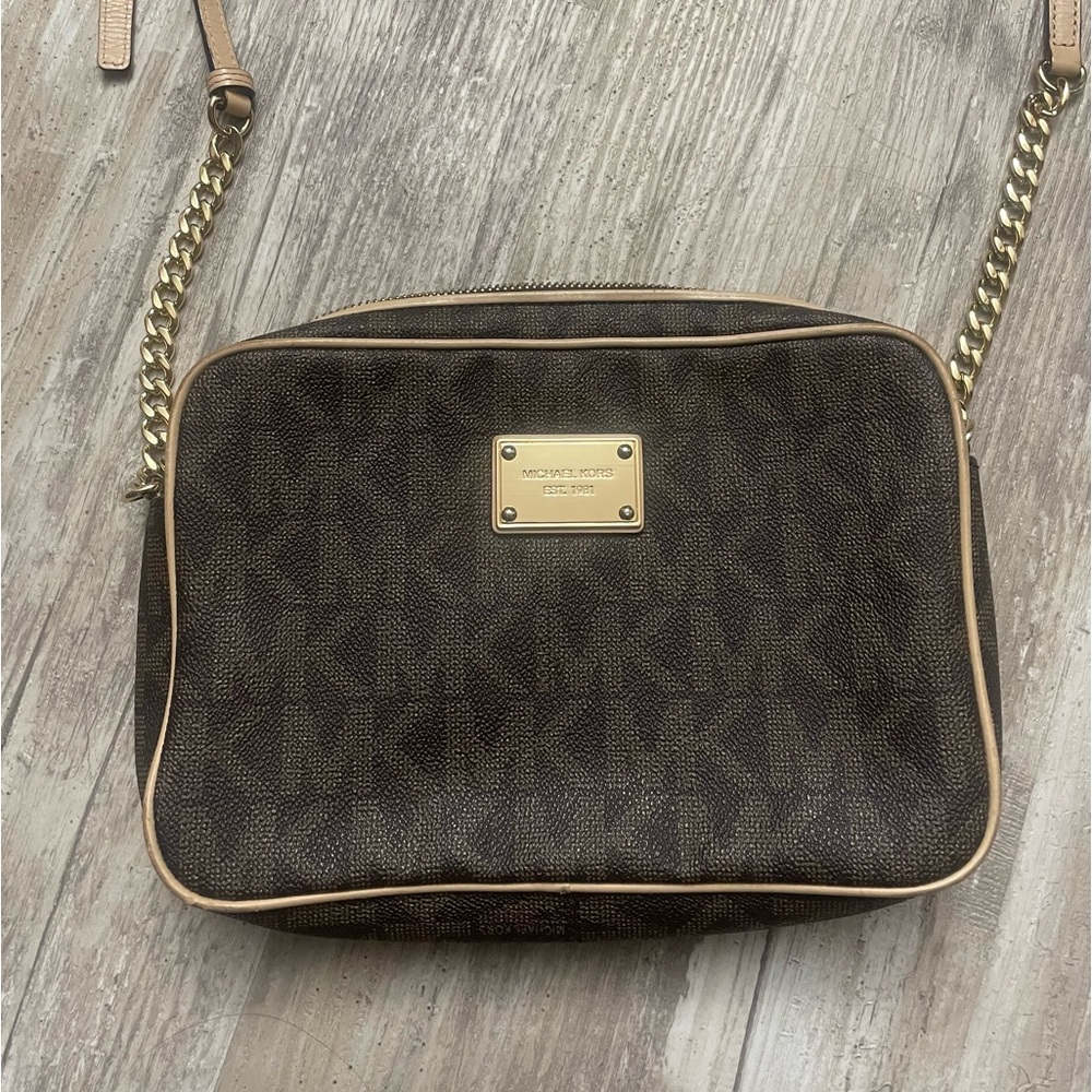 Michael Kors Brown Logo Saffiano Leather Gold Chain Jet Set Small Crossbody